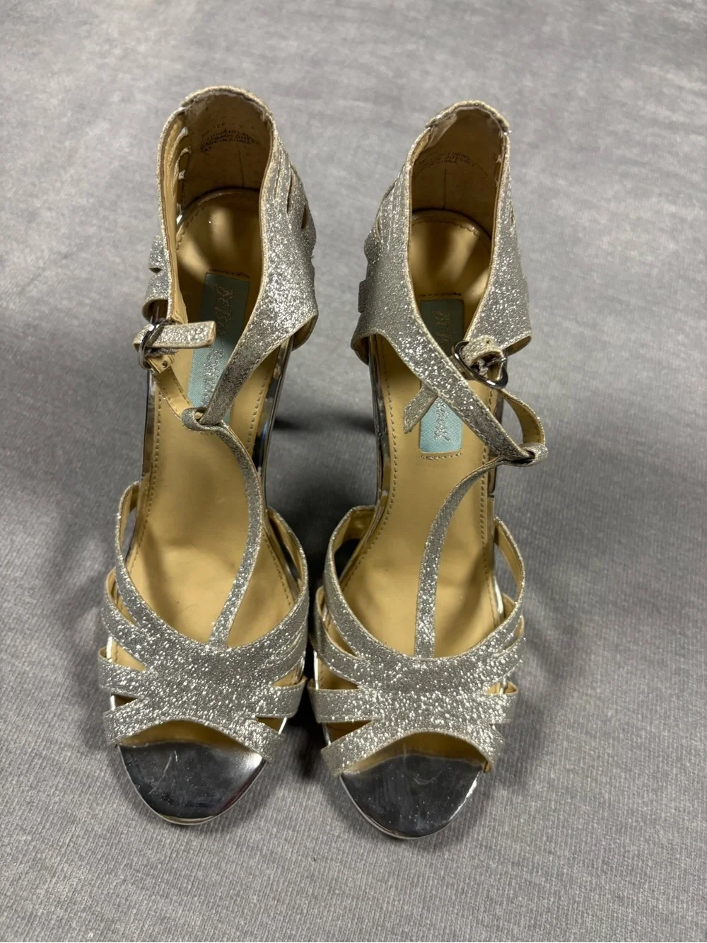 Vintage Betsey Johnson Silver Glitter Strappy T-Strap Heels